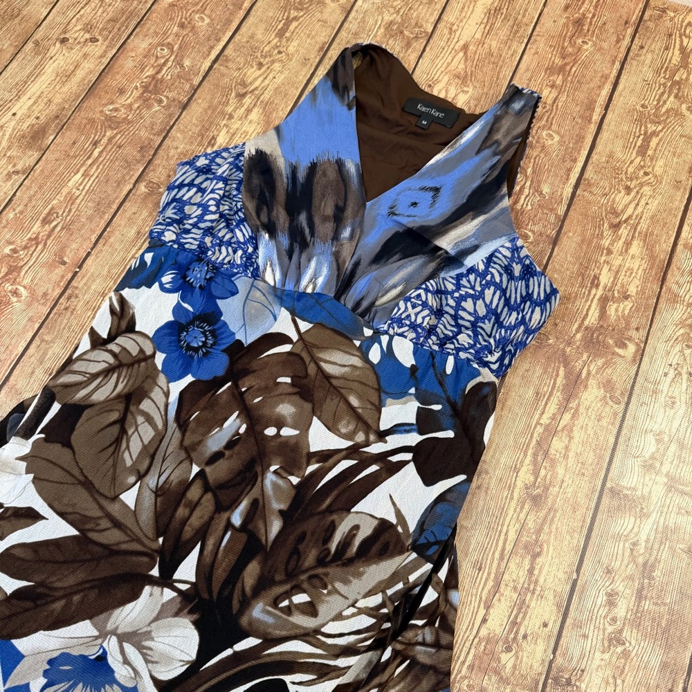 Karen Kane Floral Ruffle Hem Dress Womens Medium Blue Sleeveless V Neck